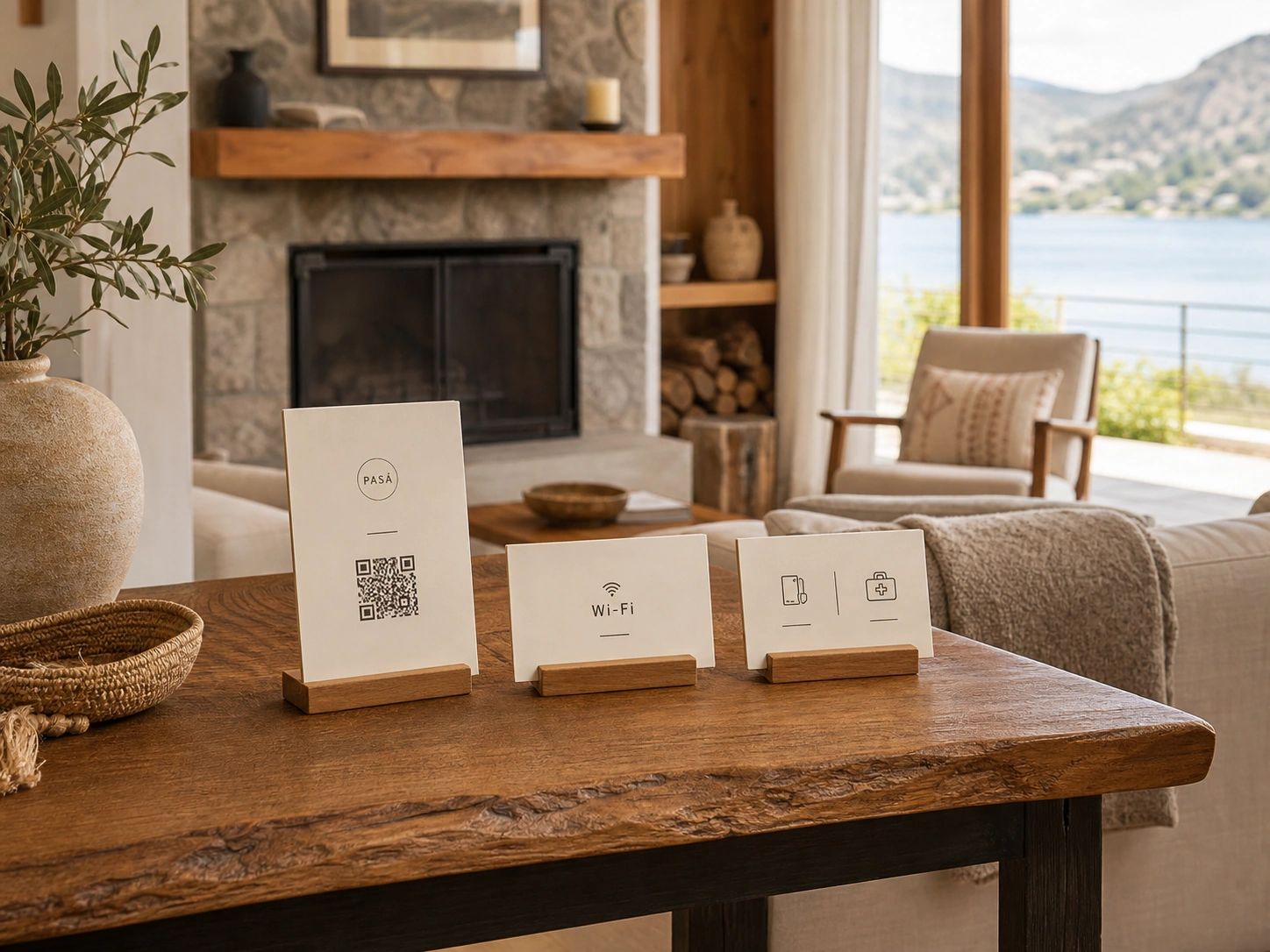 Piezas simples de bienvenida con QR y datos útiles sobre una mesa cálida de Casa del Lago.